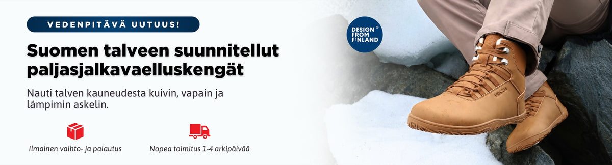 Vedenpitävä uutuus! Suomen talveen suunnitellut paljasjalkavaelluskengät. Nauti talven kauneudesta kuivin, vapain ja lämpimin askelin. Ilmainen vaihto ja palautus, nopea toimitus 1–4 arkipäivää.