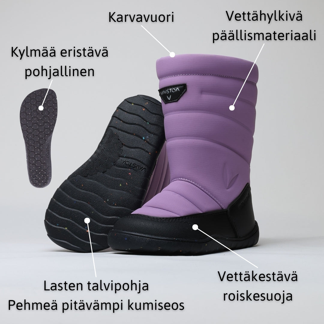 Vaistoa Kinos – lasten korkeavartiset paljasjalkakengät talveen, väri lila. Infografiikka kengän ominaisuuksista.